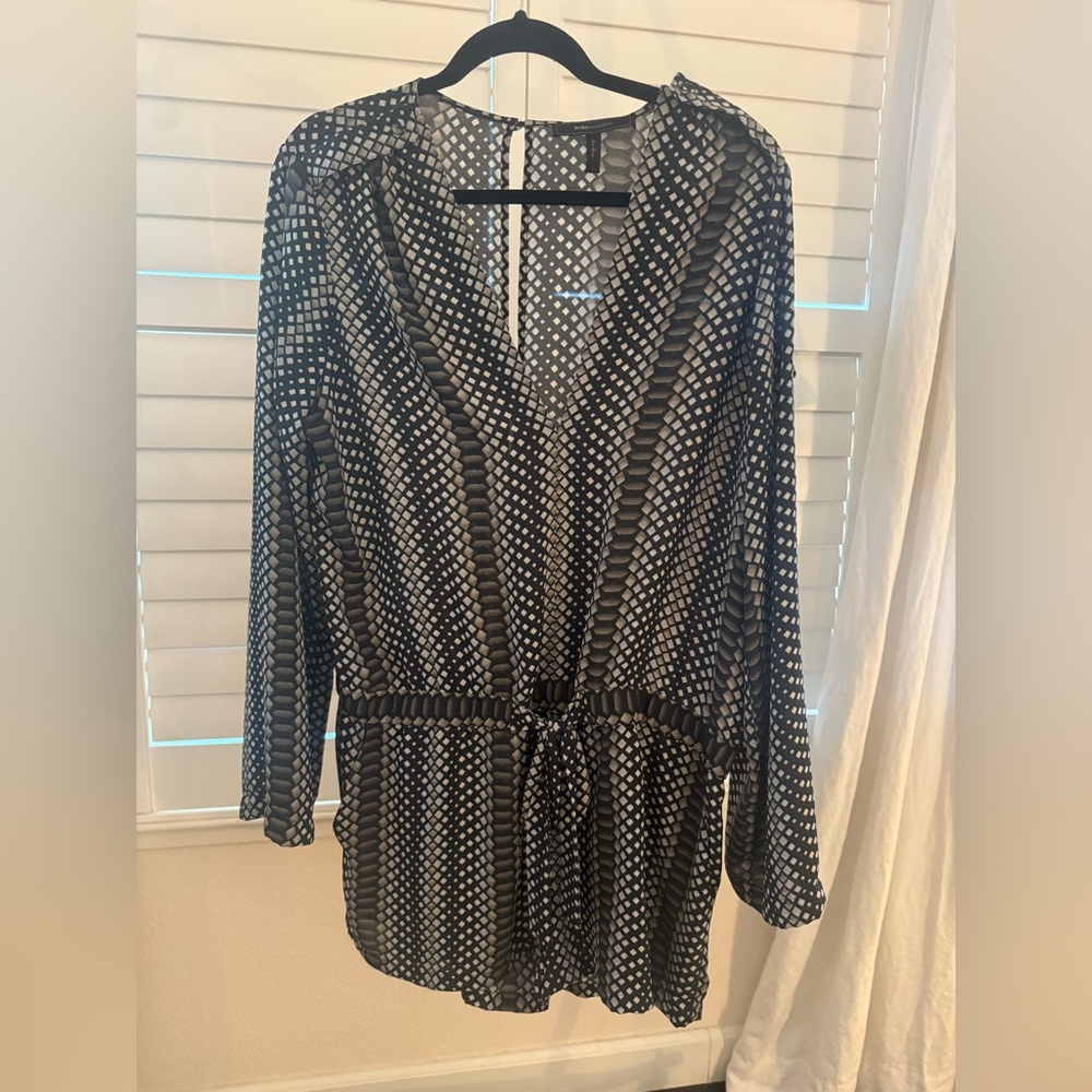 BCBGMaxAzria Black and Brown Mini Romper with Tie Front Detail